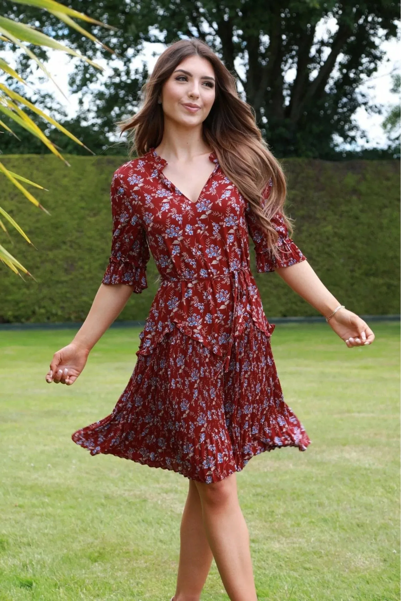 Double Second Red Floral Chiffon Pleat Detail Dress