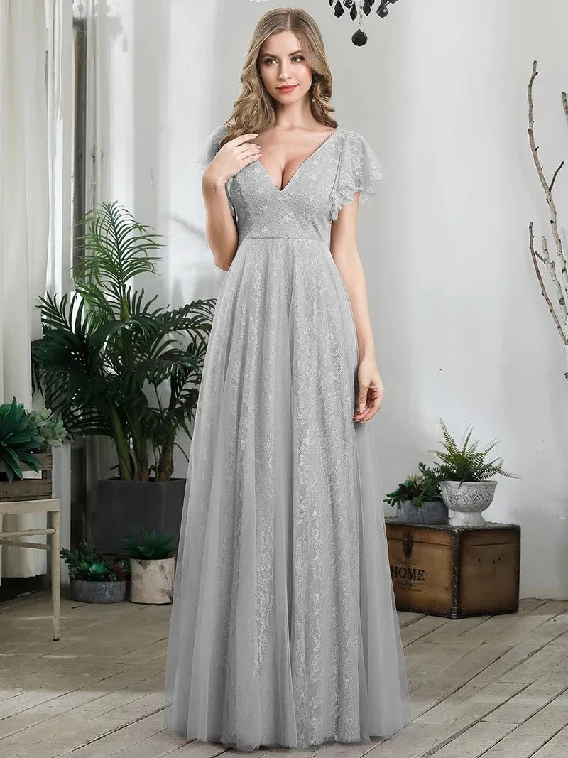 Double V-Neck Floor Length Dresses with Short Sleeve