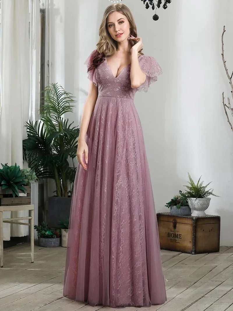 Double V-Neck Floor Length Dresses with Short Sleeve