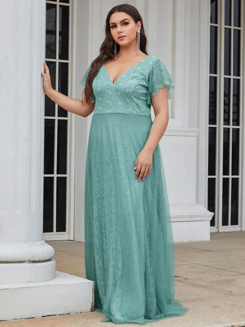 Double V-Neck Floor Length Dresses with Short Sleeve