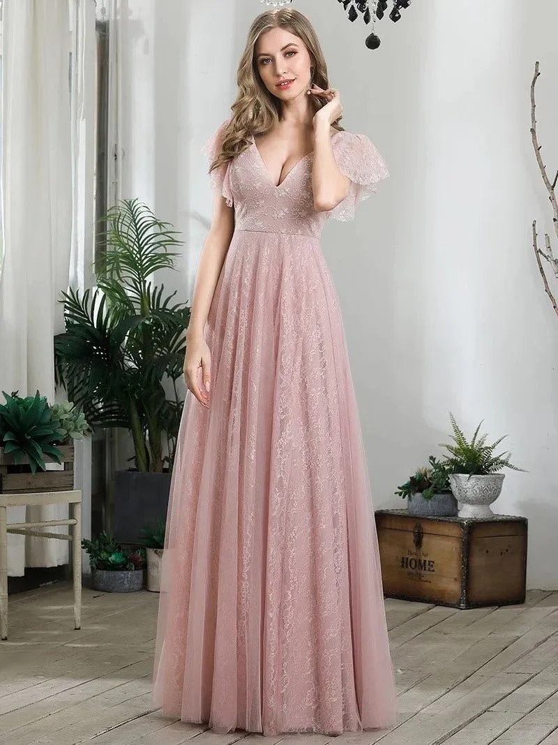 Double V-Neck Floor Length Dresses with Short Sleeve