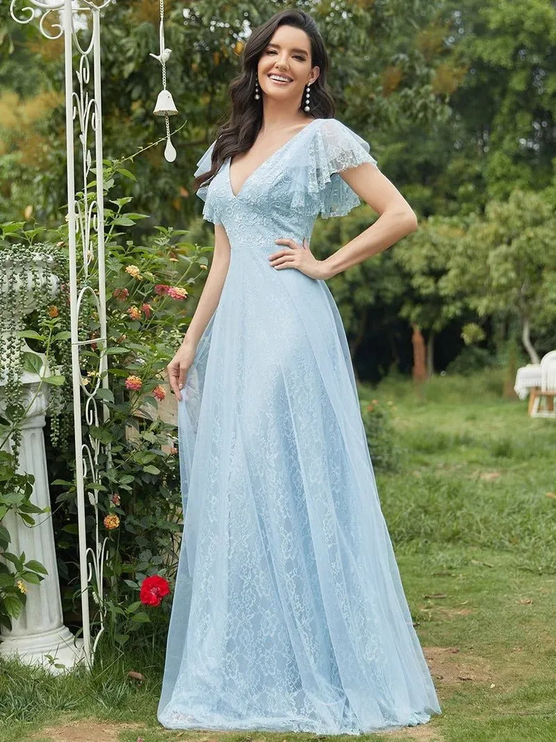 Double V-Neck Floor Length Dresses with Short Sleeve