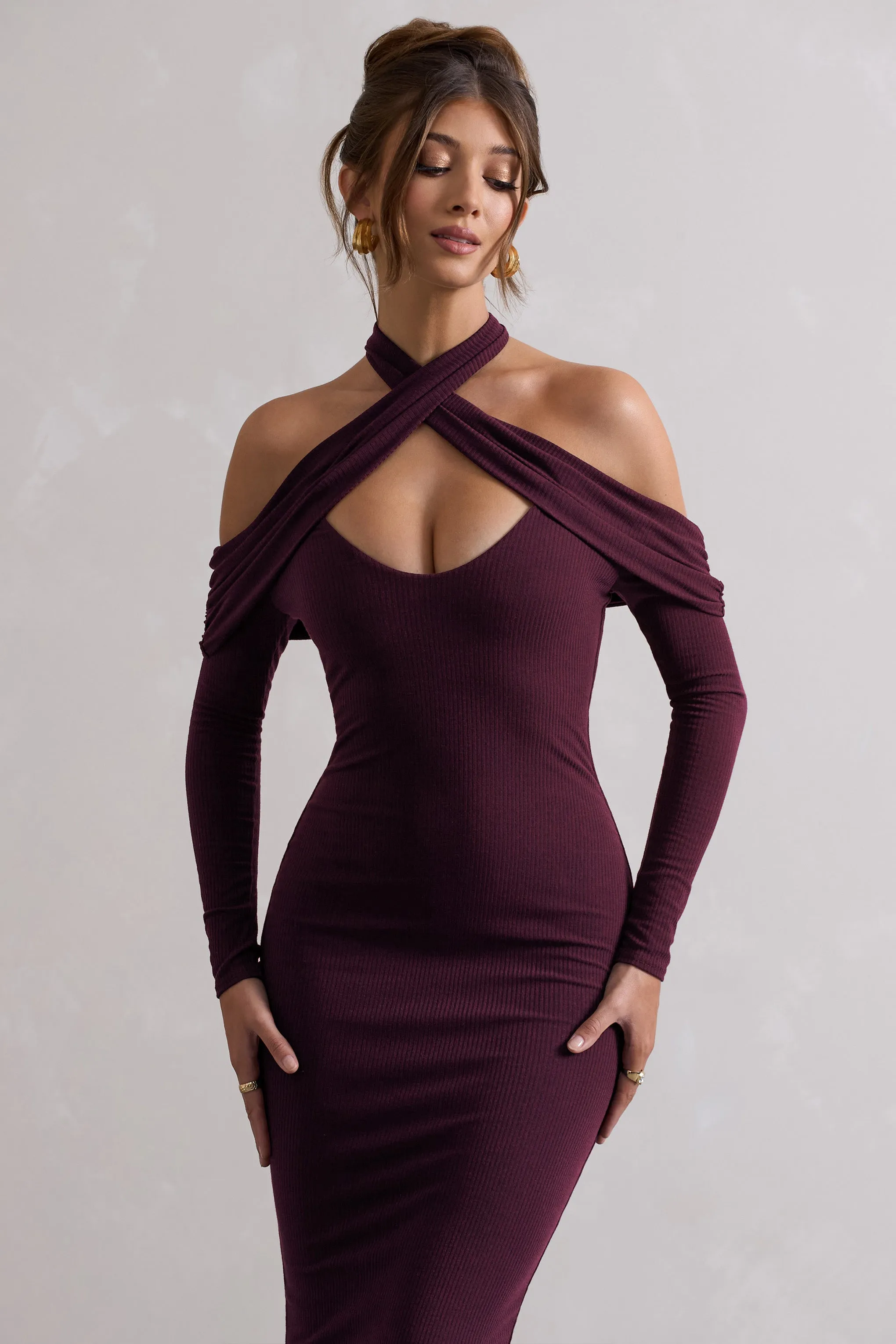 Duet | Plum Rib Knit Halter-Neck Midi Dress With Cut-Out