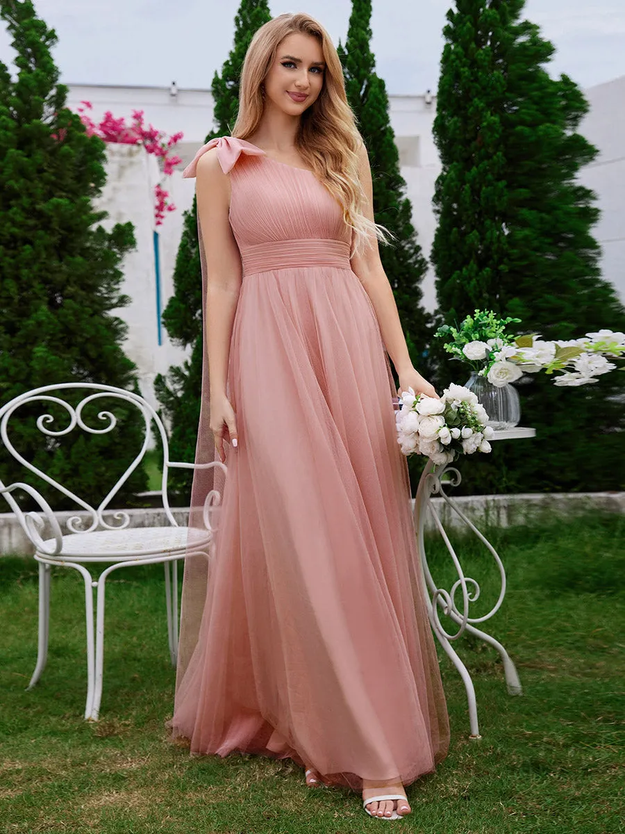 Elegant Asymmetric Shoulder Streamer Pleated decoration Tulle Dresses with Bowknot