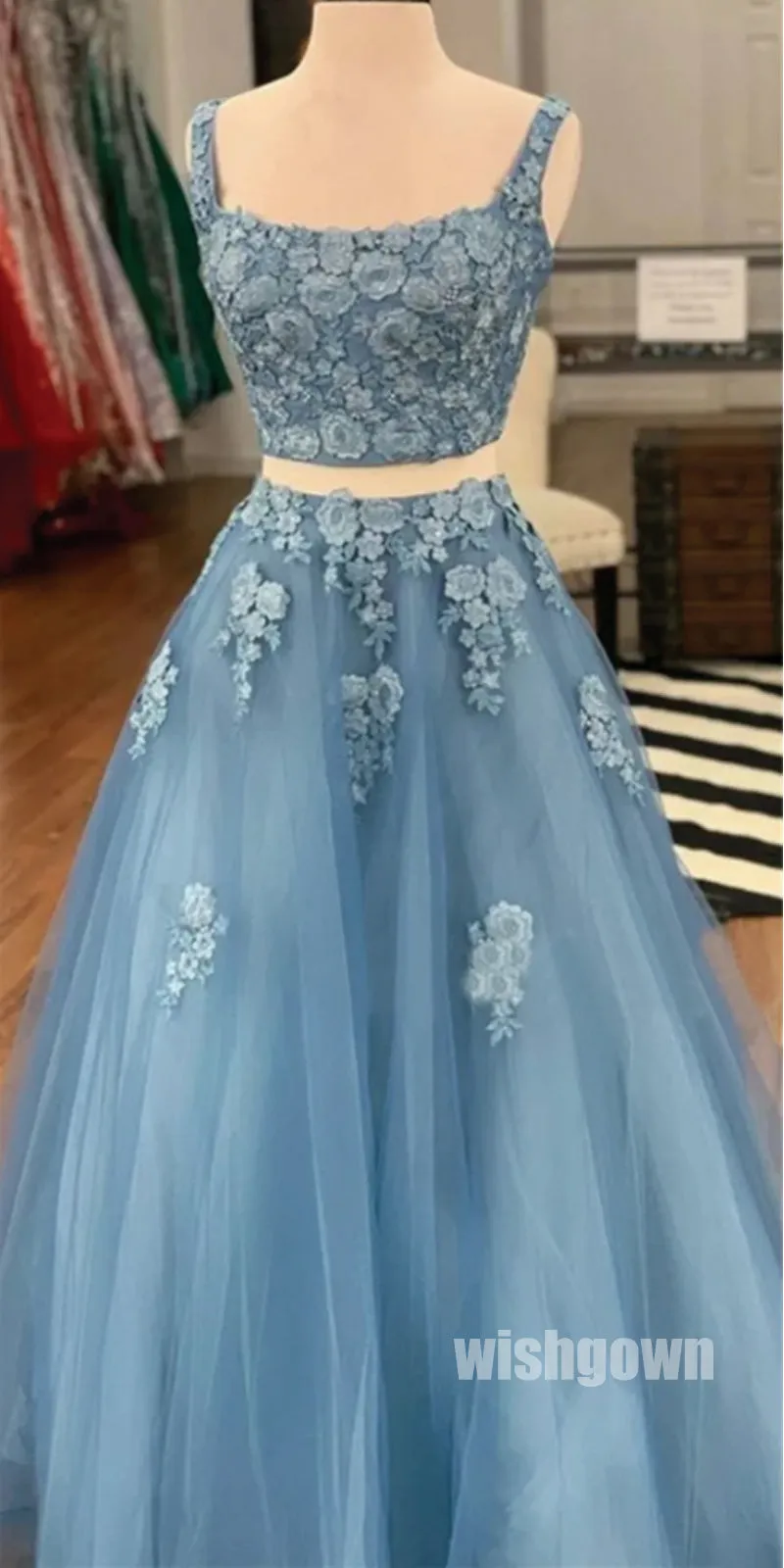 Elegant Blue Two Pieces Applique Tulle Prom Dresses PG1248