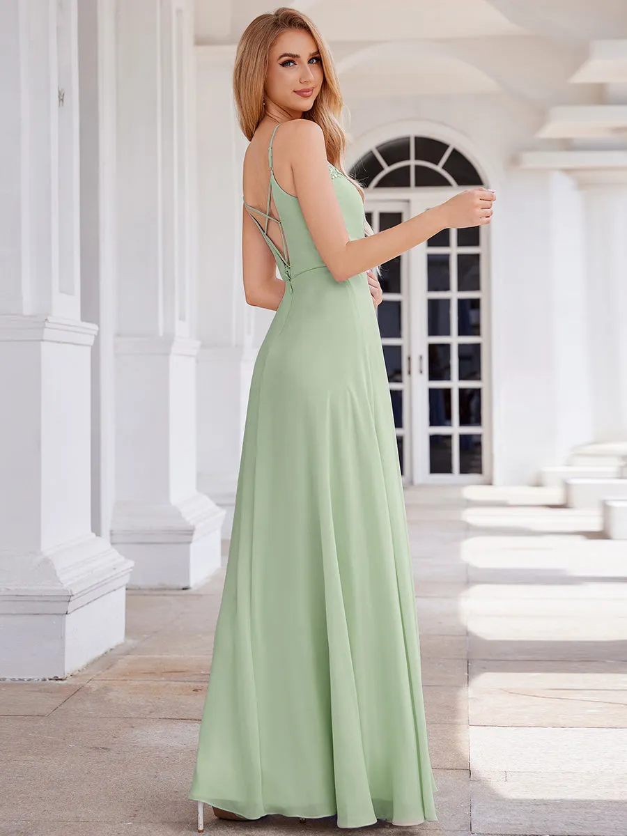 Elegant Bridesmaid Dresses Sleeveless A-Line Cross Back Chiffon Dresses with Embroidery Decoration