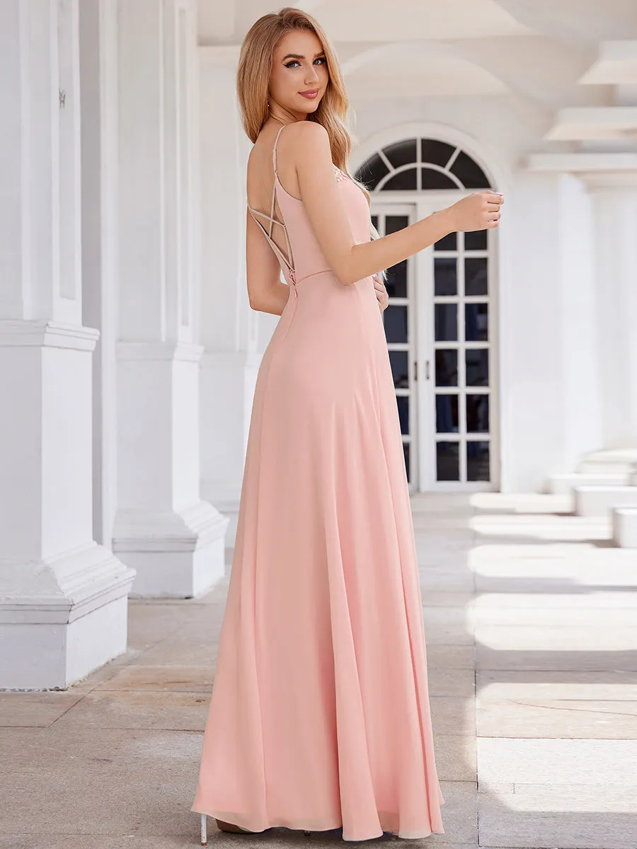 Elegant Bridesmaid Dresses Sleeveless A-Line Cross Back Chiffon Dresses with Embroidery Decoration