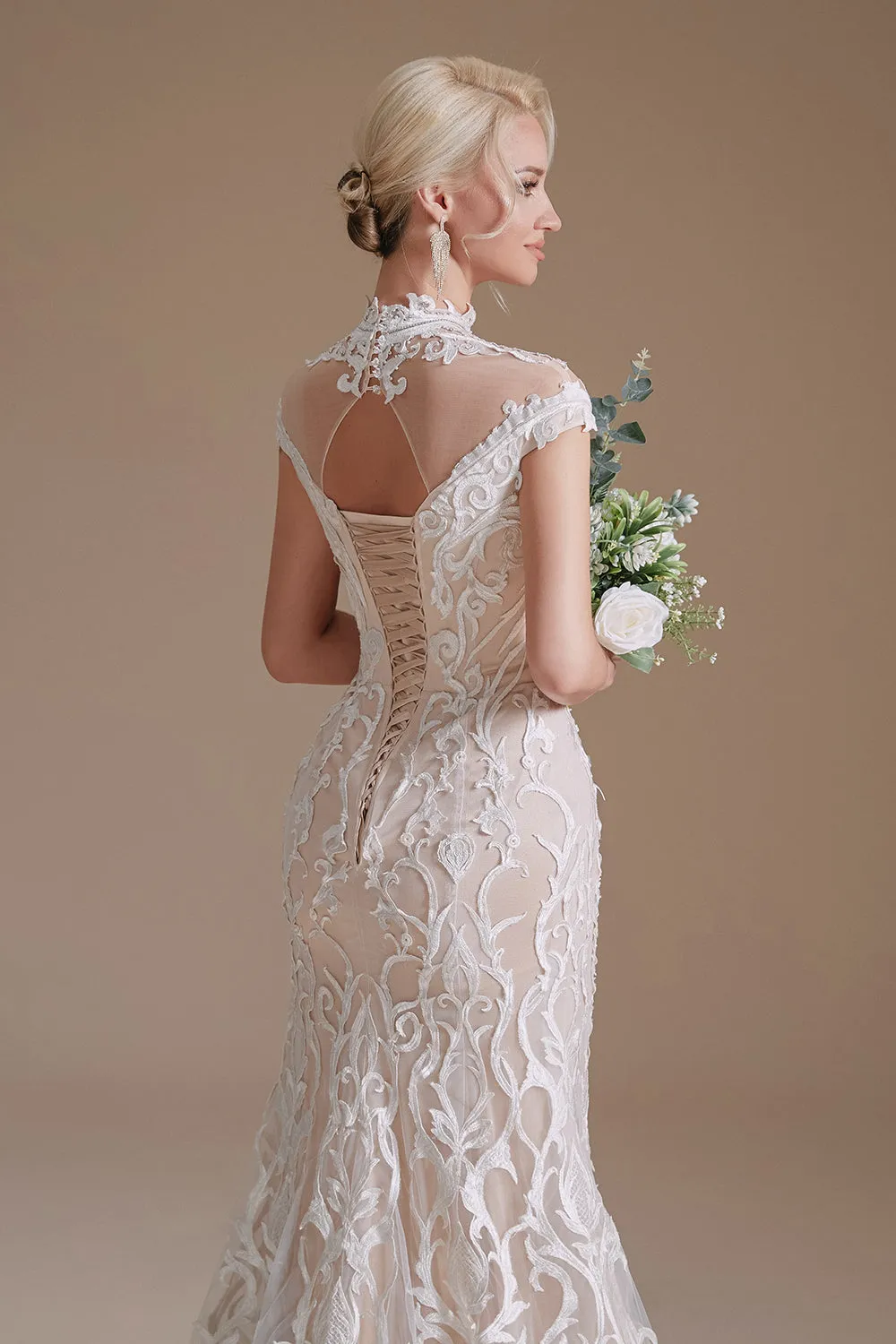 Elegant Cap Sleeves Lace Mermaid Long Beach Wedding Dresses