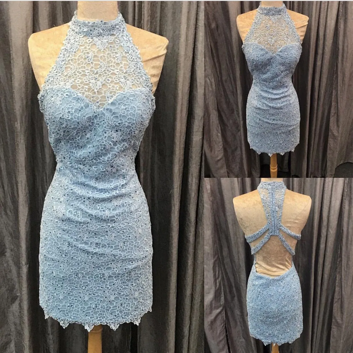 Elegant High Neck Open Back Lace Homecoming Dresses Sheath Party Dress