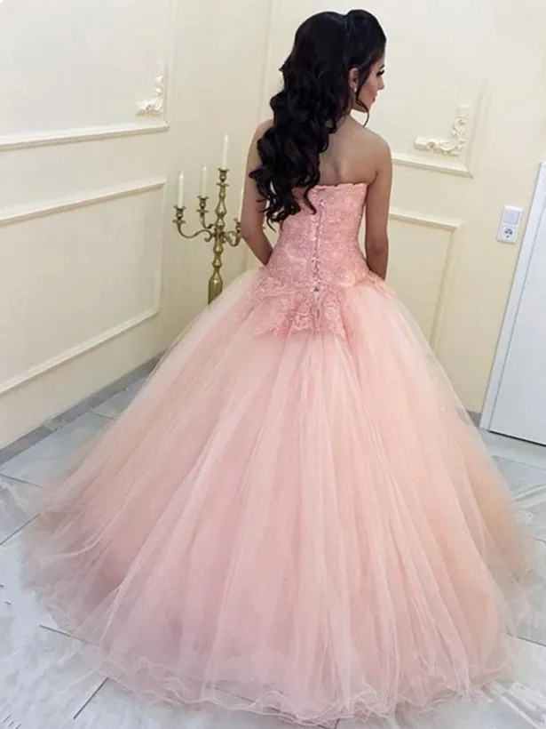 Elegant Lace Appliques Sweetheart Organza Ball Gowns Peach Quinceanera Dresses