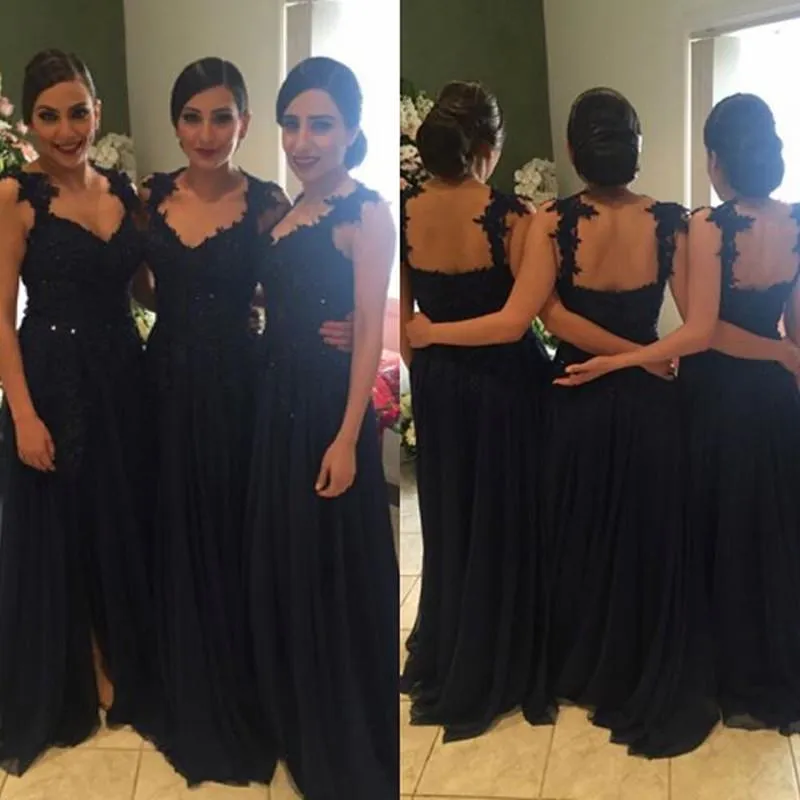 Elegant Lace Straps Sweetheart Long Tulle Split Bridesmaid Dresses