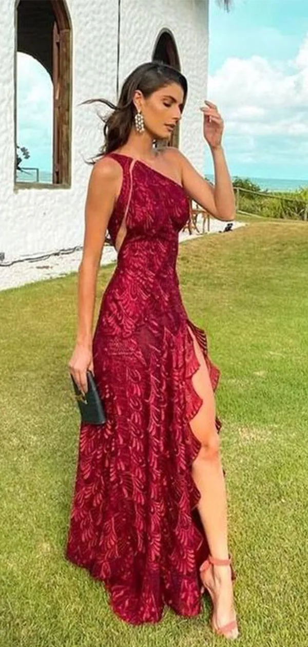 Elegant Red Mermaid One-Shoulder Side Slit Popular Long Evening Dresses, Formal Dresses, Birthday Party, WGP603