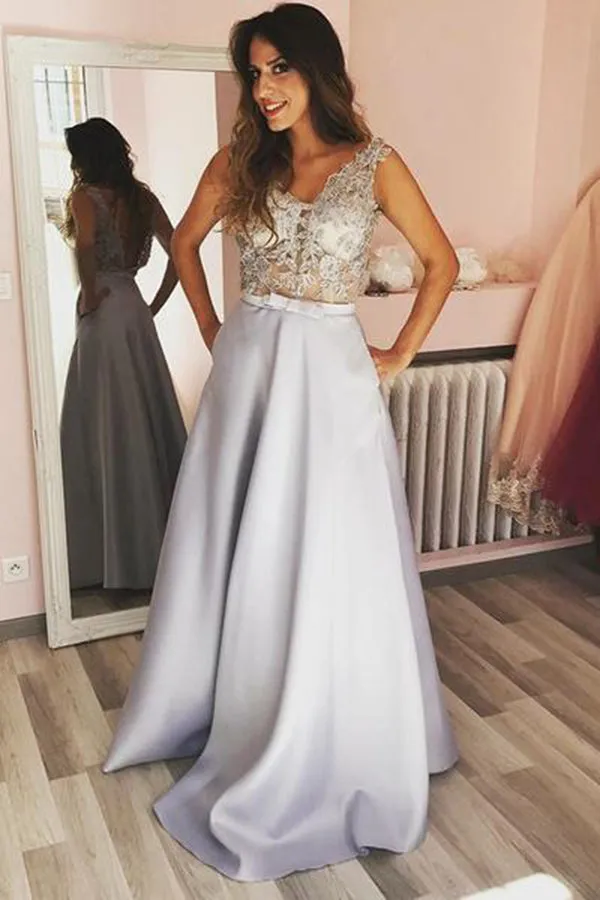 Elegant Sleeveless V Back Lace Appliques Floor Length Long Prom Dresses