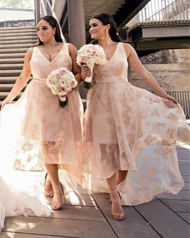 Elegant V-neck Lace Bridesmaid Dresses Front Short Long Back