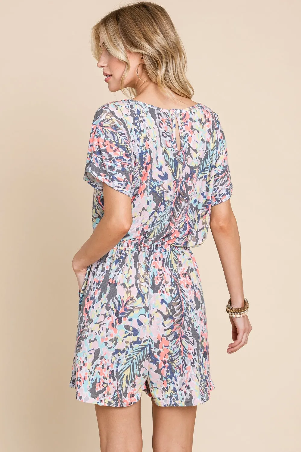 Explore More Collection - BOMBOM Printed Short Sleeve Drawstring Romper