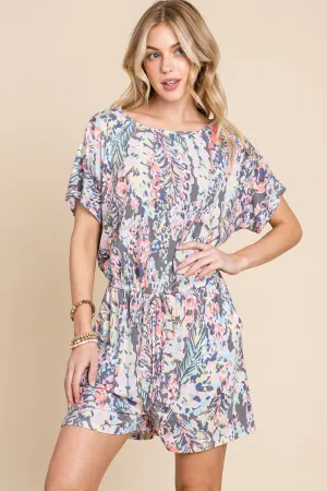 Explore More Collection - BOMBOM Printed Short Sleeve Drawstring Romper