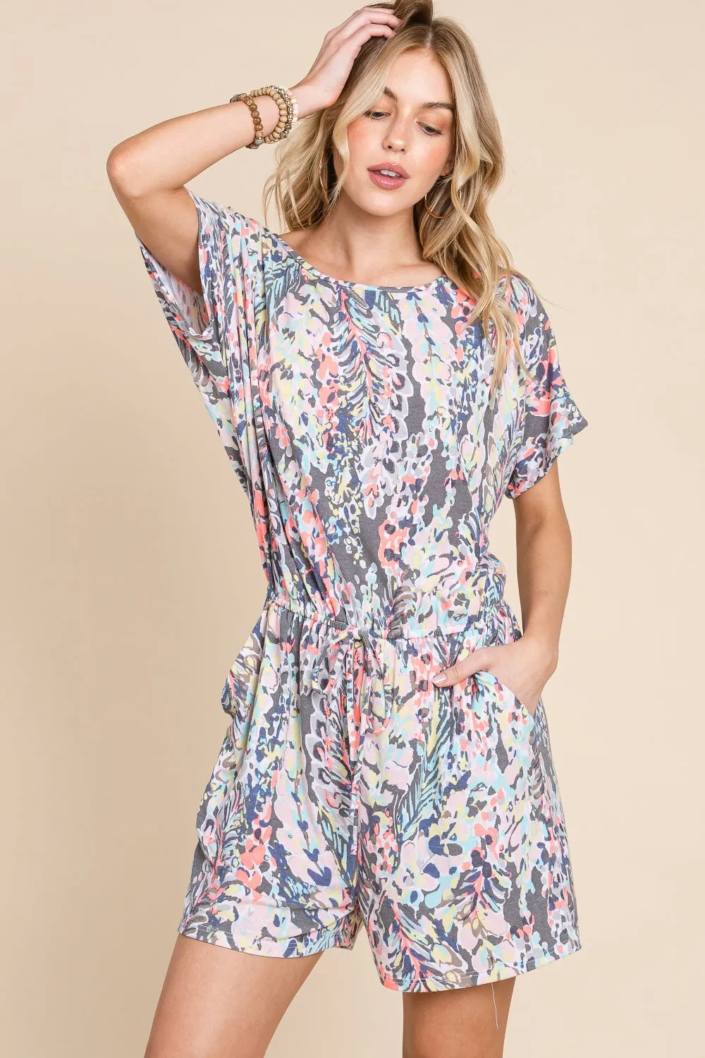 Explore More Collection - BOMBOM Printed Short Sleeve Drawstring Romper