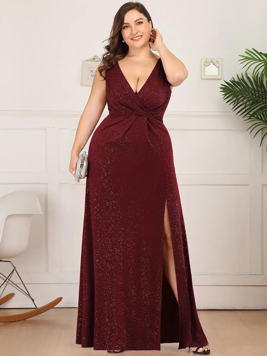 Floor Length V Neck Shimmery Wholesale Plus Size Evening Dresses