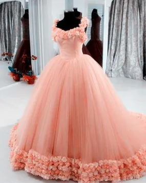 Floral Flower Sweetheart Tulle Ball Gowns Quinceanera Dresses With Straps