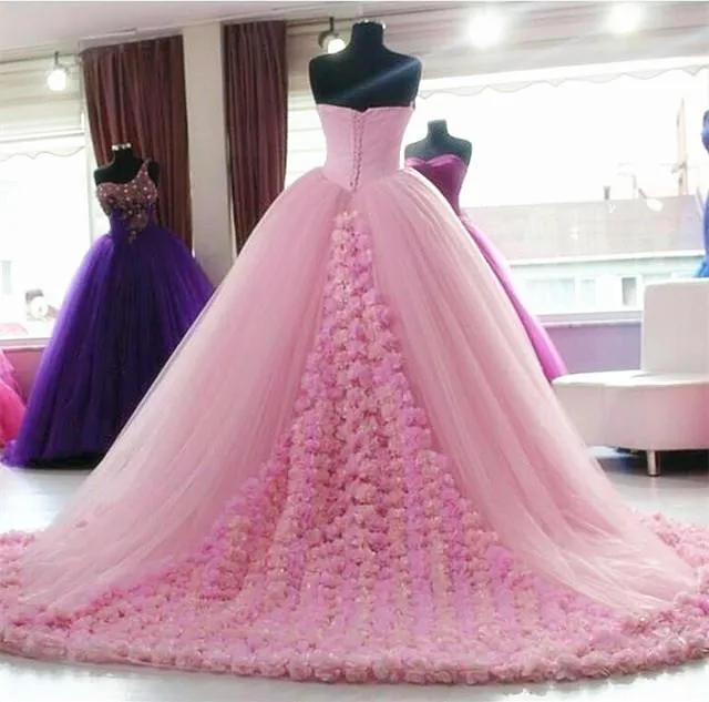 Floral Flower Sweetheart Tulle Ball Gowns Quinceanera Dresses With Straps