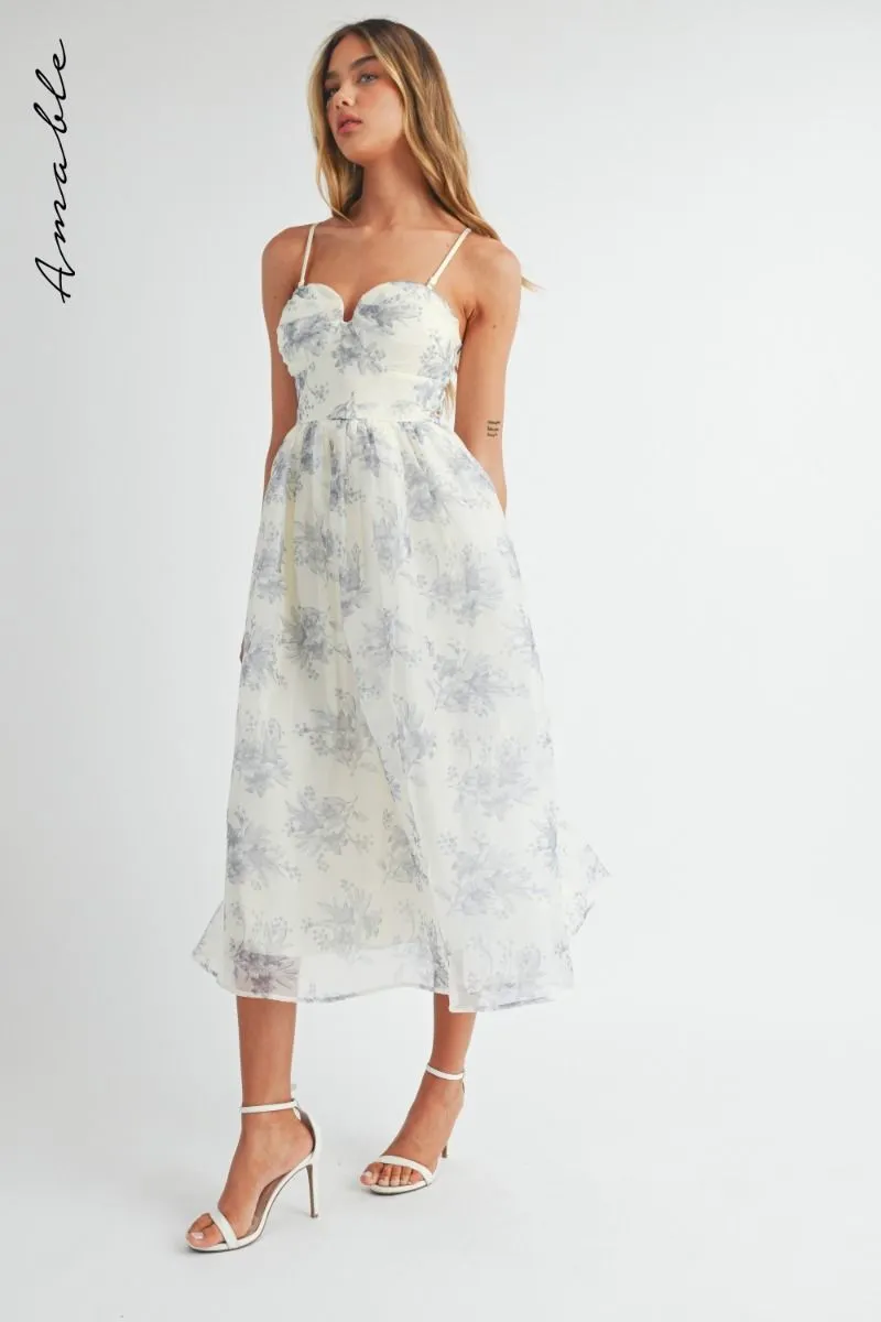 Floral Organza Plunged Strapless Midi Dress