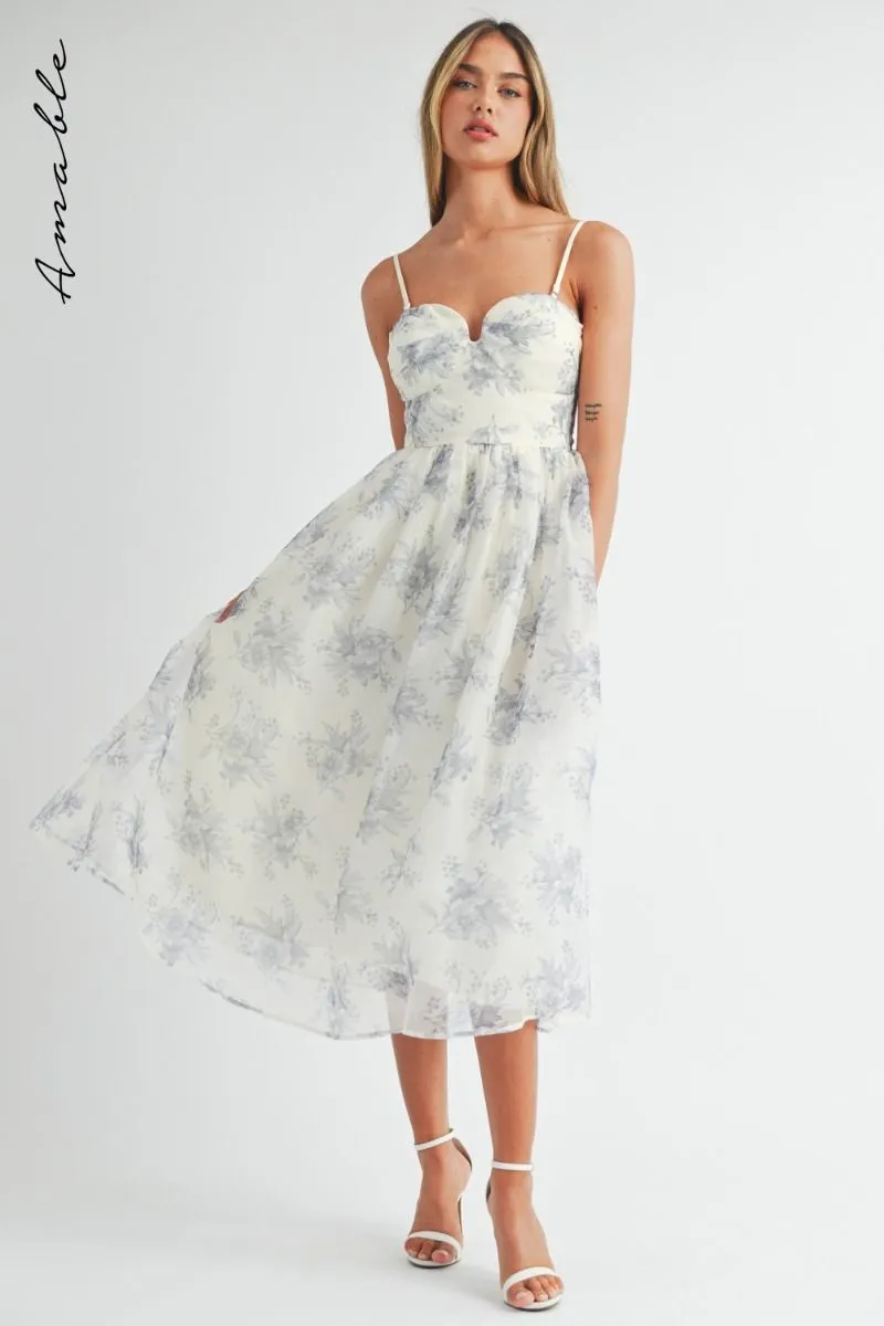 Floral Organza Plunged Strapless Midi Dress