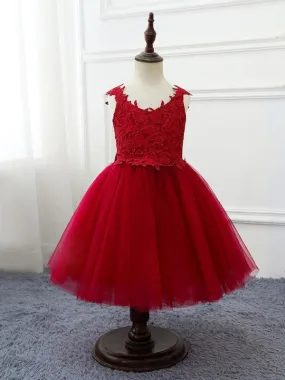 Formal Kids Party Dresses Tulle Sleeveless Flower Girl Dresses Burgiunfy Princess Silhouette with Bows