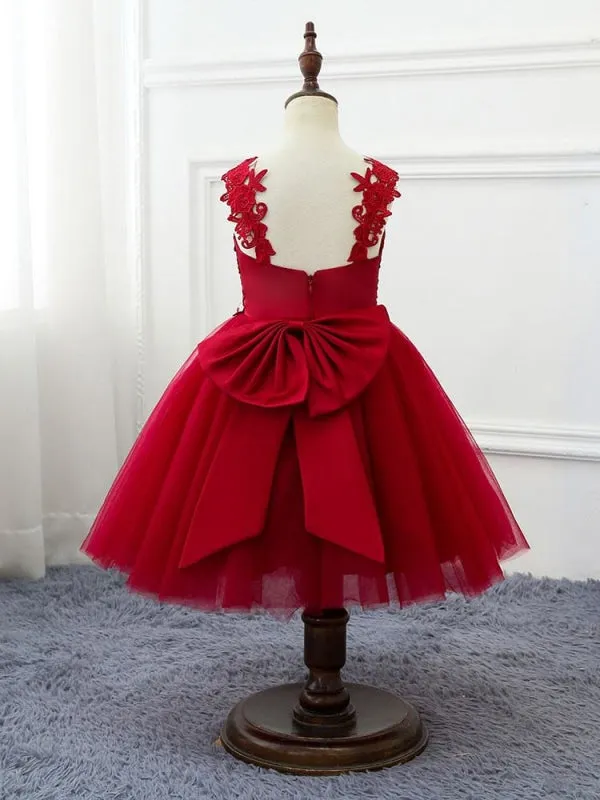 Formal Kids Party Dresses Tulle Sleeveless Flower Girl Dresses Burgiunfy Princess Silhouette with Bows