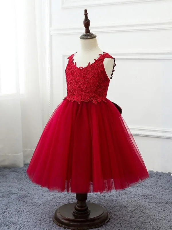 Formal Kids Party Dresses Tulle Sleeveless Flower Girl Dresses Burgiunfy Princess Silhouette with Bows