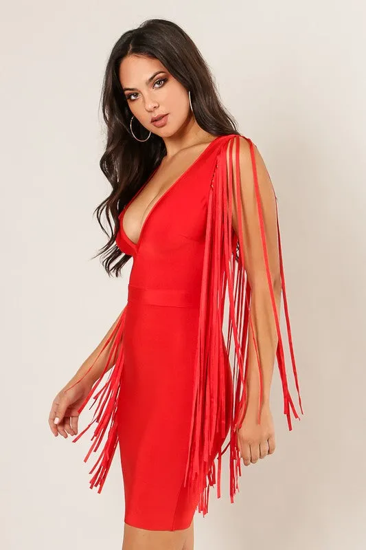 Fringe Sleeve Bandage Dress Red