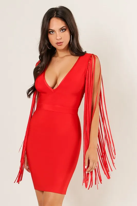 Fringe Sleeve Bandage Dress Red