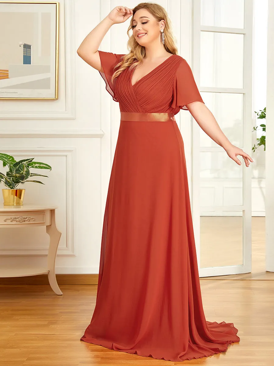 Glamorous Double V-Neck Ruffles Padded Plus Size Evening Dresses