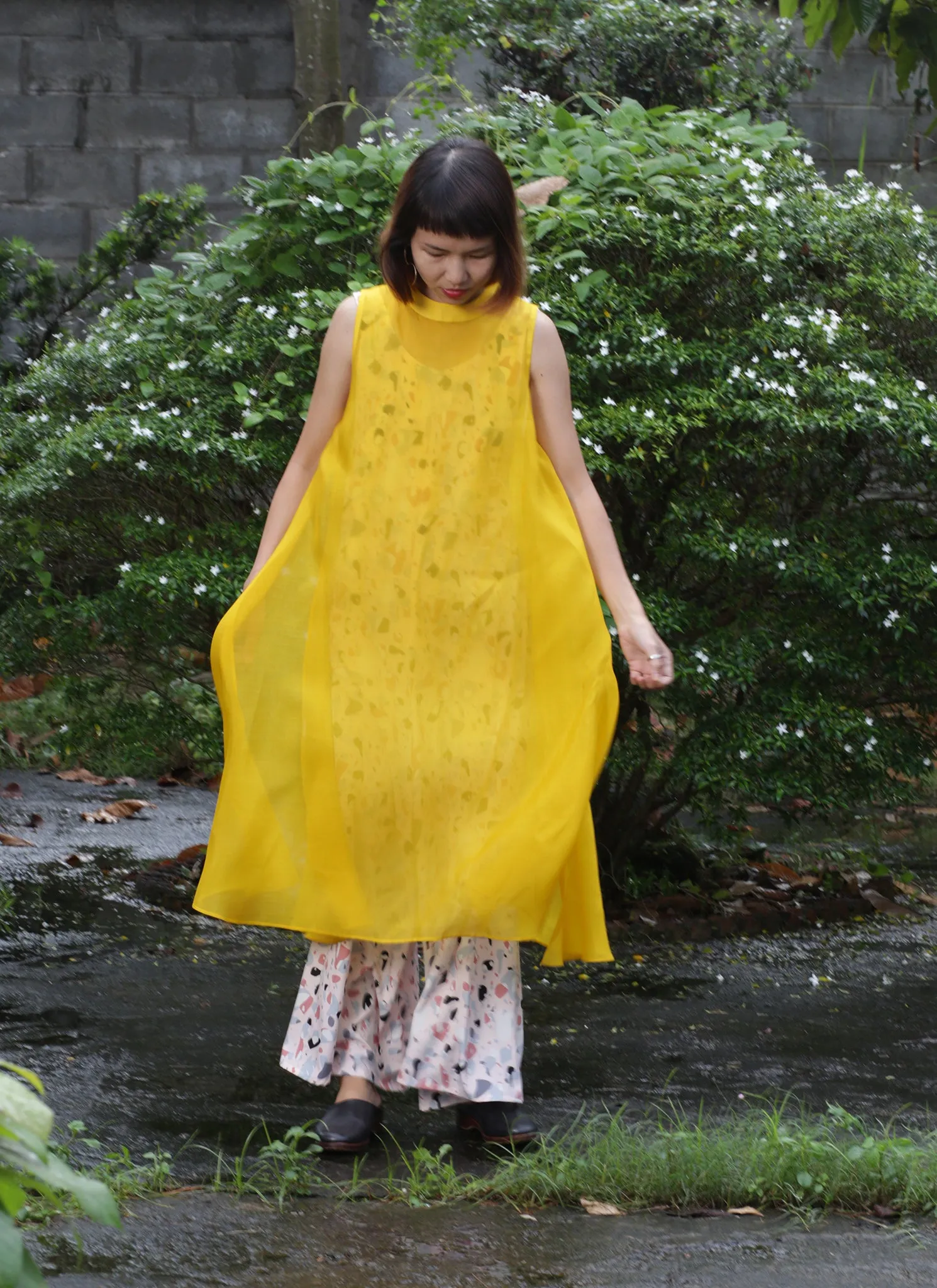 Glass Overlap Side Slit Organza Silk Dress - Yellow