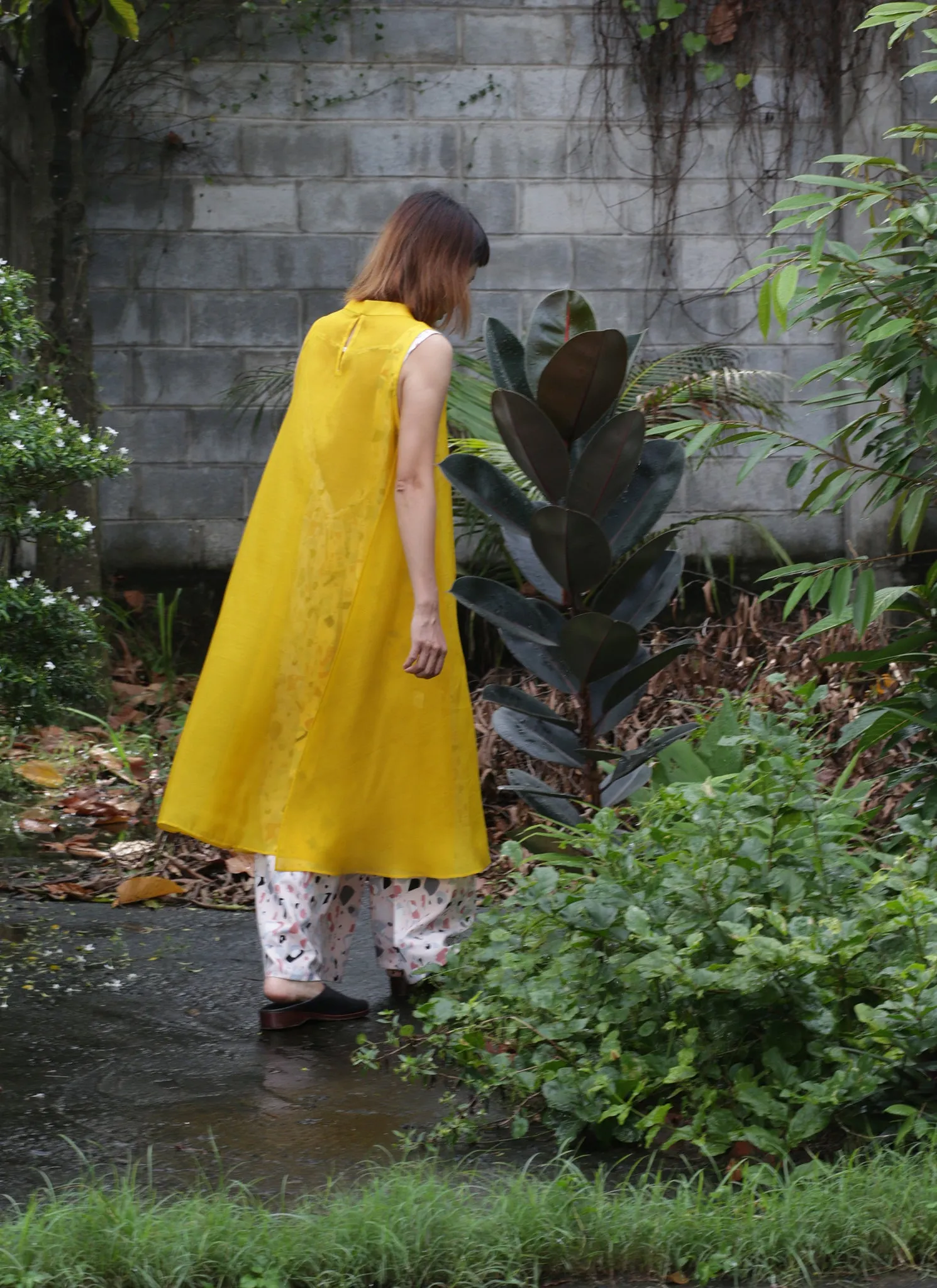 Glass Overlap Side Slit Organza Silk Dress - Yellow