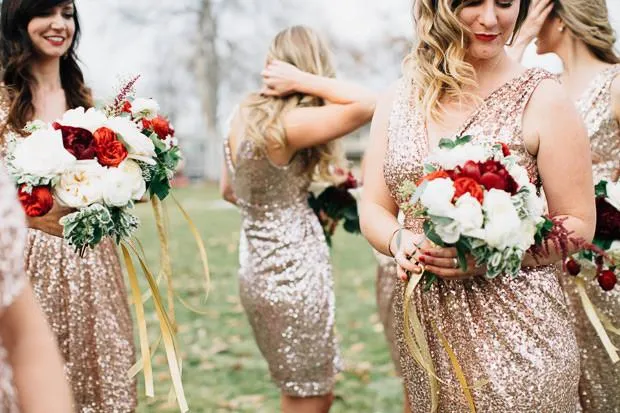 gold sequins v neck sheath bridesmaid dresses