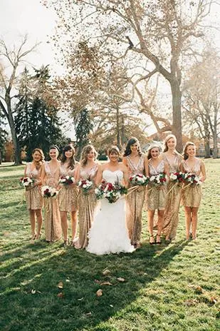 gold sequins v neck sheath bridesmaid dresses