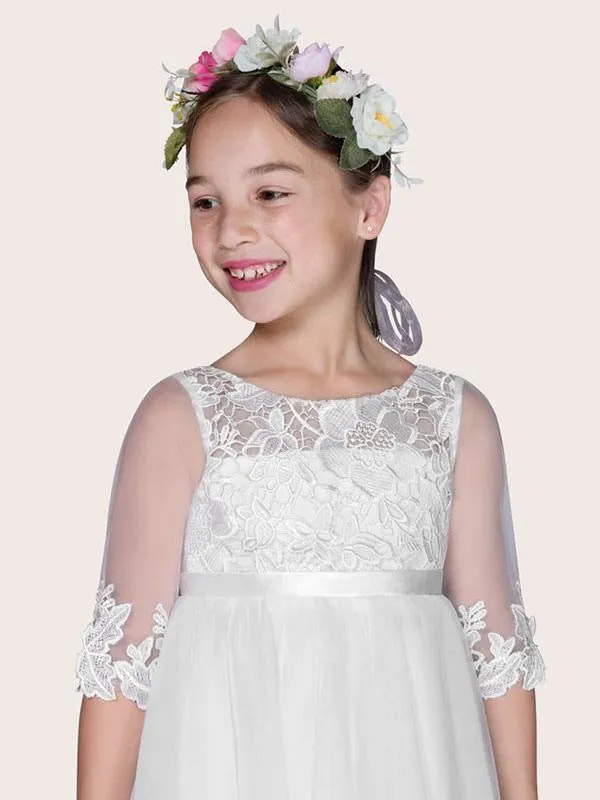 Half Sleeves A-Line Lace Kids Party Dresses Ivory Jewel Tulle Flower Girl Dresses