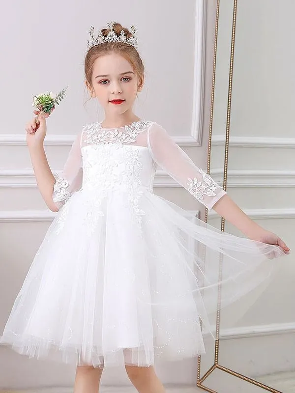 Half Sleeves White Lace Flower Girl Dresses Jewel Neck Silhouette Bows Short Princess Dress Kids Social Party Dresses