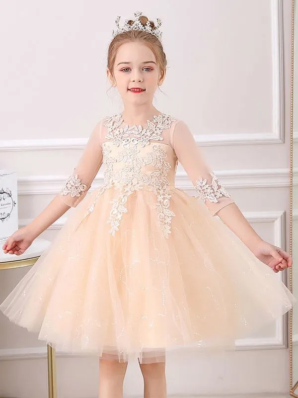 Half Sleeves White Lace Flower Girl Dresses Jewel Neck Silhouette Bows Short Princess Dress Kids Social Party Dresses