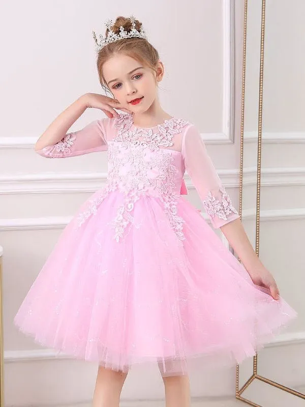 Half Sleeves White Lace Flower Girl Dresses Jewel Neck Silhouette Bows Short Princess Dress Kids Social Party Dresses