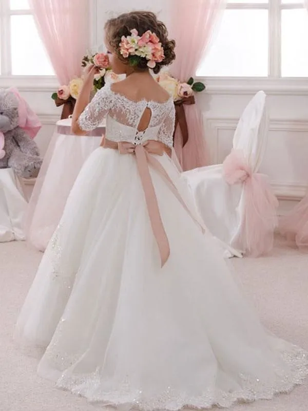 Half Sleeves White Tulle Lace Flower Girl Dresses Bateau Beads Princess Pageant Dresses for Kids