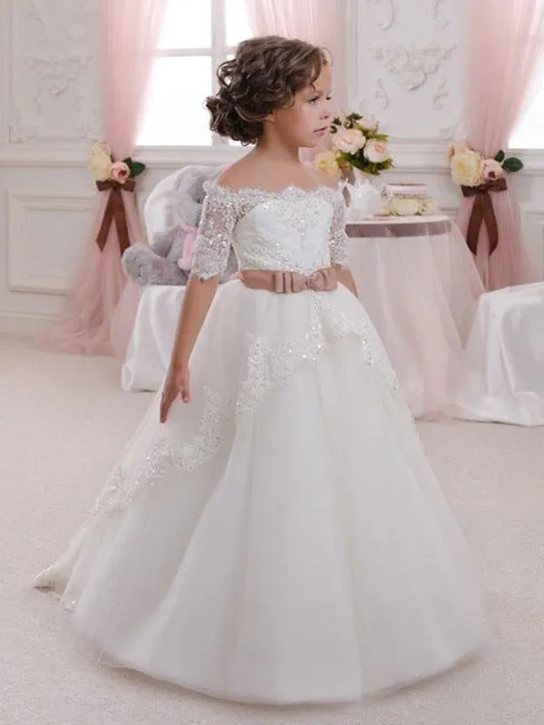 Half Sleeves White Tulle Lace Flower Girl Dresses Bateau Beads Princess Pageant Dresses for Kids