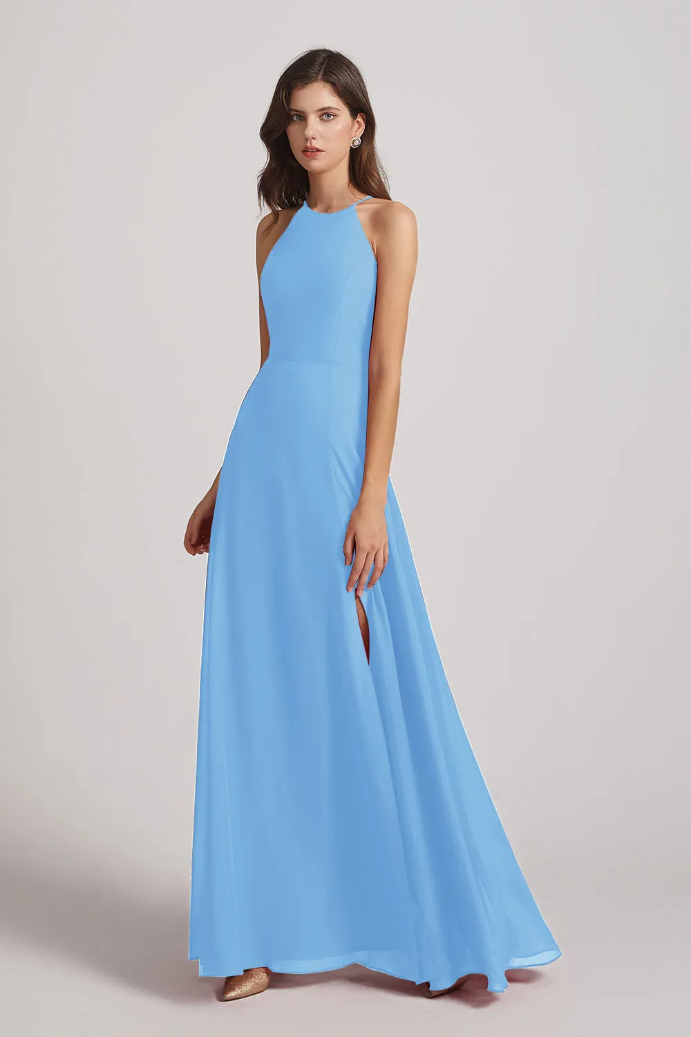 Halter Chiffon Maxi Dresses with Side Slit (AF0102)