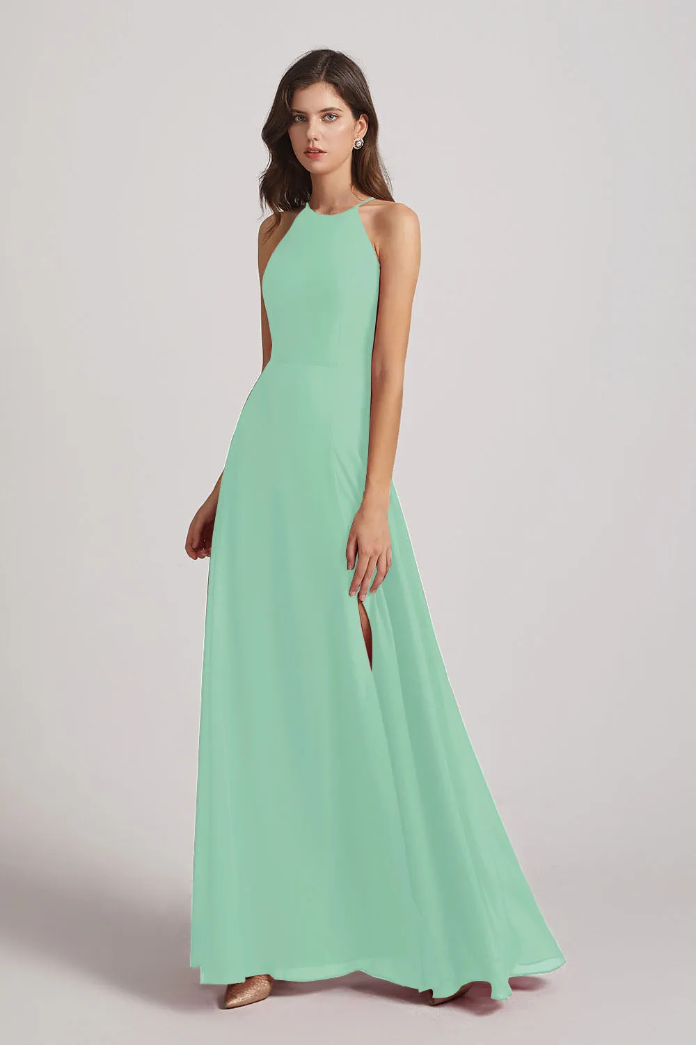 Halter Chiffon Maxi Dresses with Side Slit (AF0102)