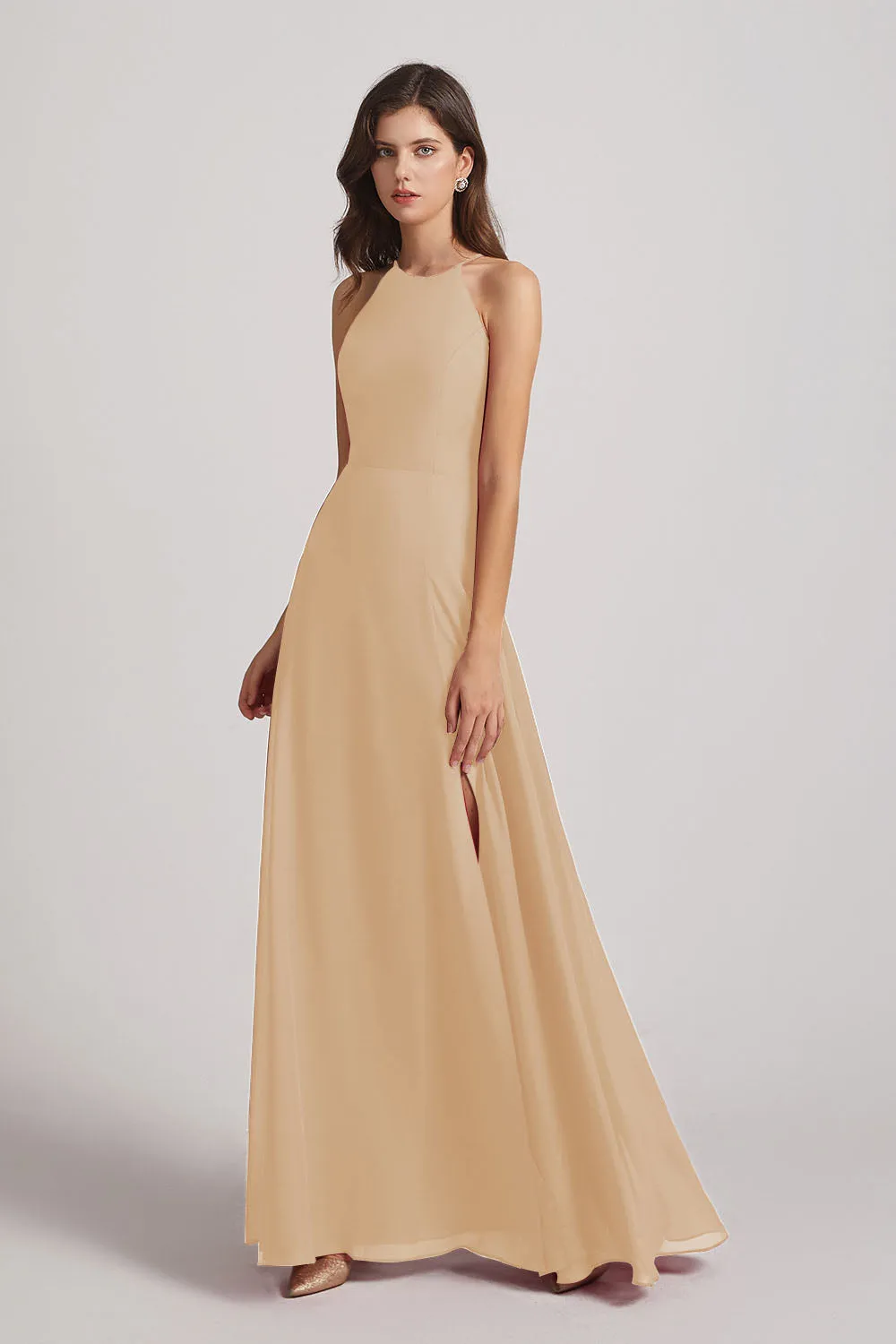 Halter Chiffon Maxi Dresses with Side Slit (AF0102)