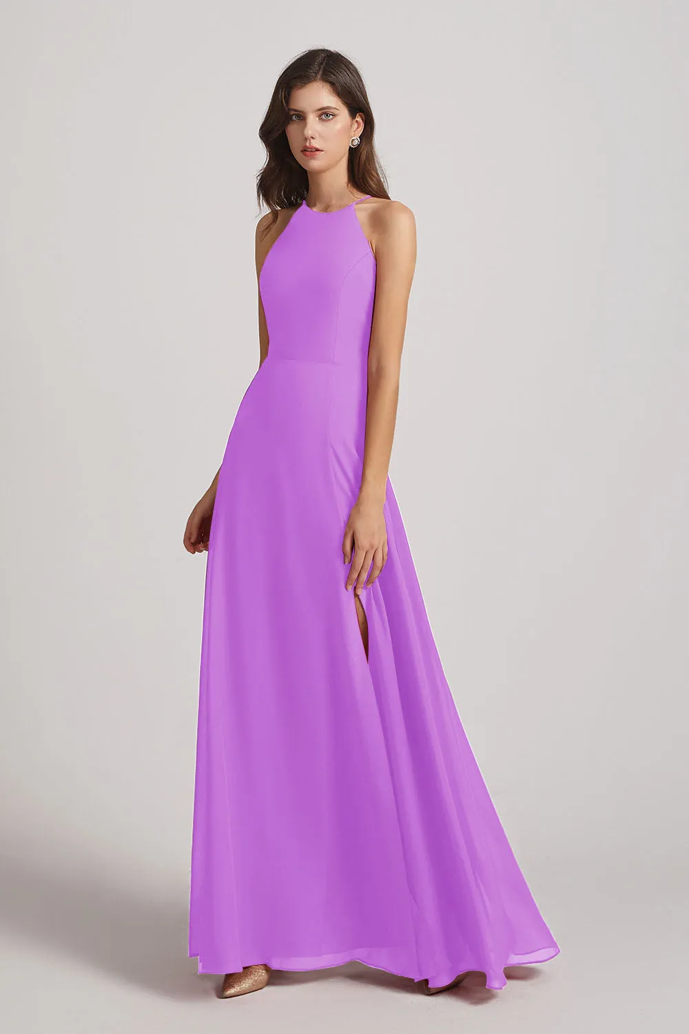 Halter Chiffon Maxi Dresses with Side Slit (AF0102)