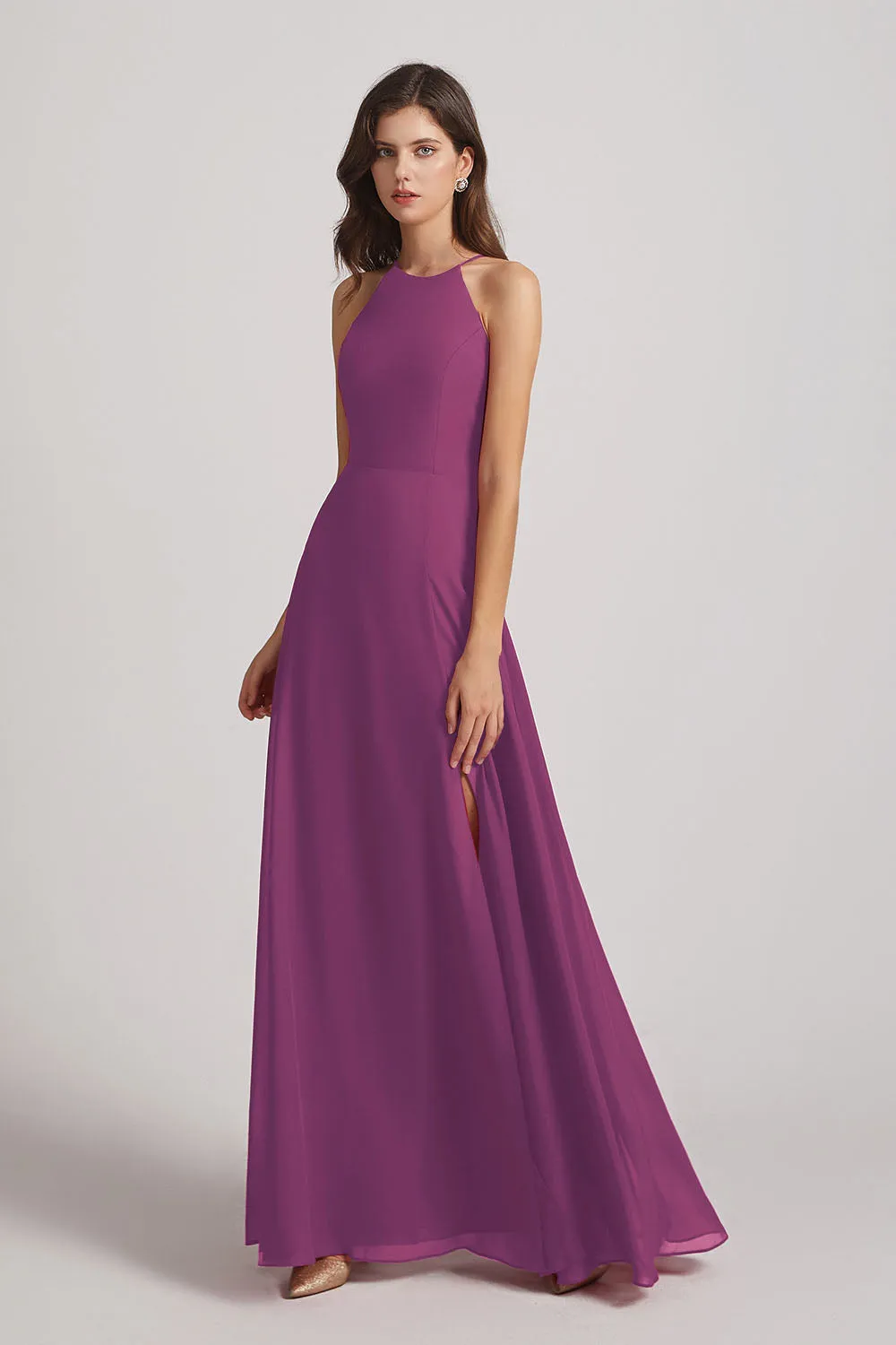 Halter Chiffon Maxi Dresses with Side Slit (AF0102)