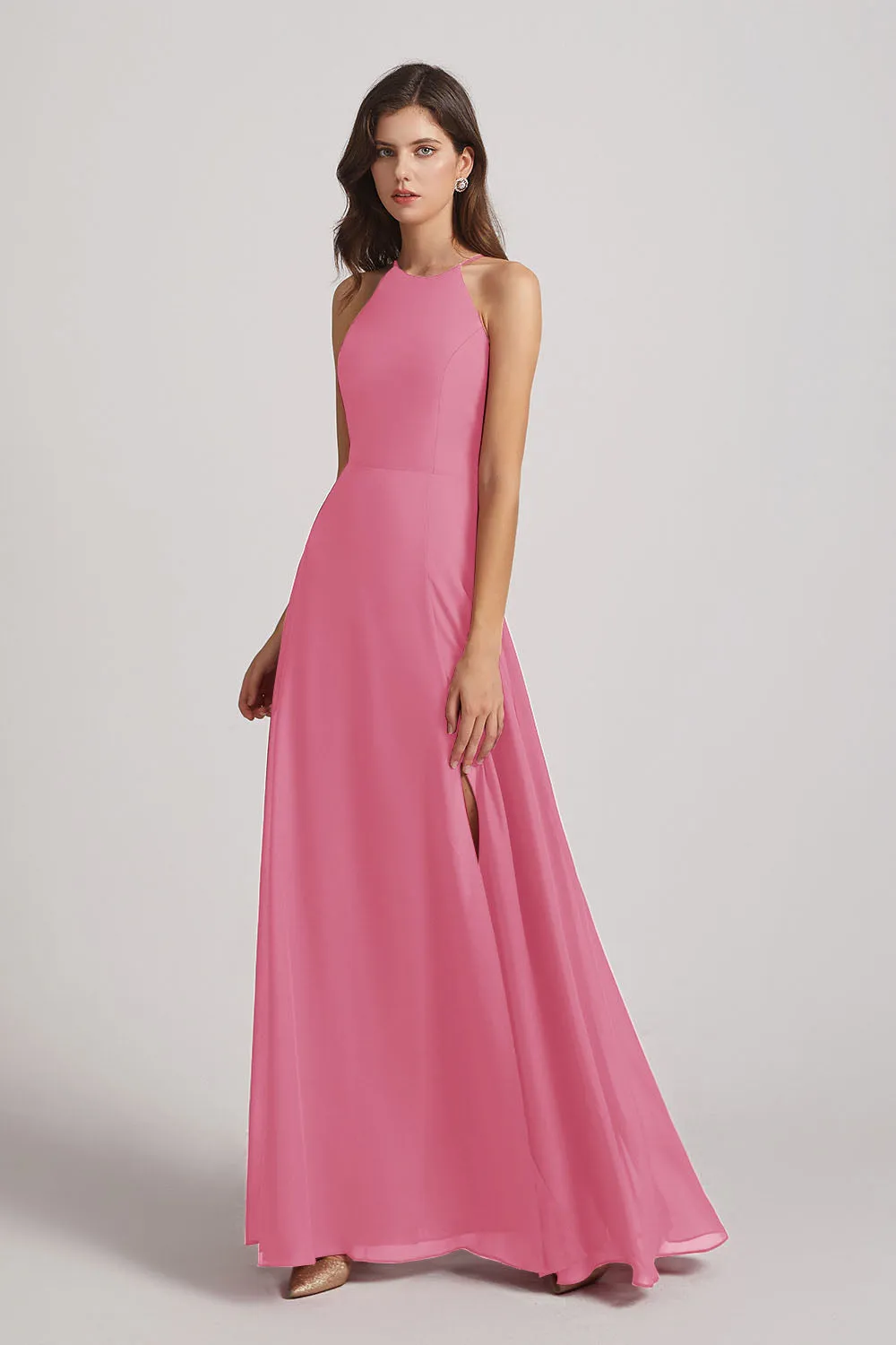 Halter Chiffon Maxi Dresses with Side Slit (AF0102)