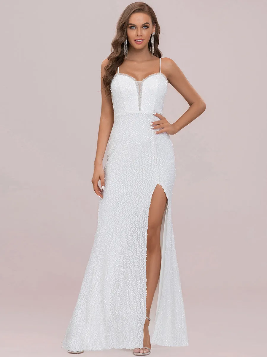 High Split Wholesale Sequin Wedding Dresses With Spaghetti Straps