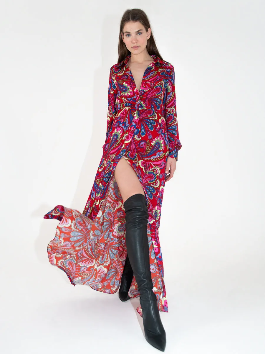 Jacqueline Crepe Shirt Maxi Dress - Paisley Red